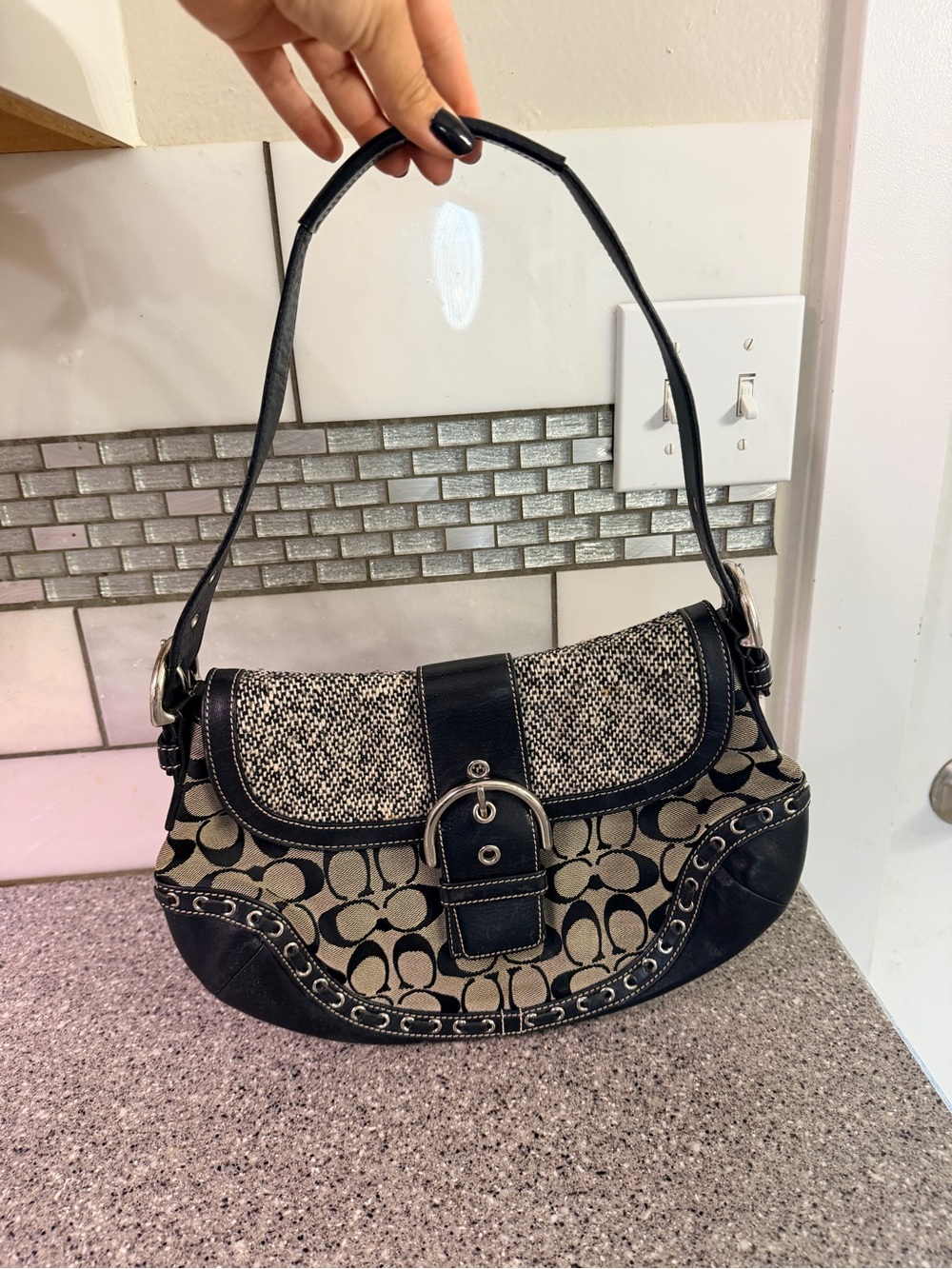 Coach Black and Beige Signature Buckle Shoulder Bag